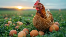 chicken in the field of eggs at sunset. concept of agriculture
