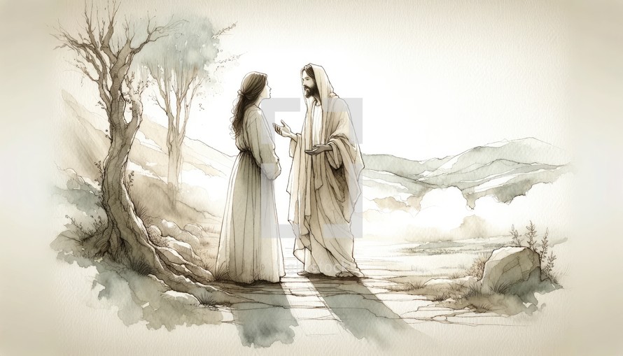 Resurrection of Jesus: Jesus appears to Mary Magdalene. Life of Jesus. Line-art digital illustration. 
