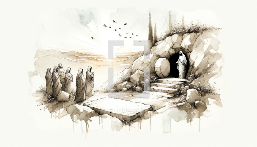 Resurrection of Jesus. The tomb is discovered to be empty. Life of Jesus. Digital line-art illustration. 