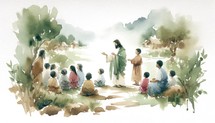 Jesus Christ Blesses Little Children. Watercolor Biblical Illustration