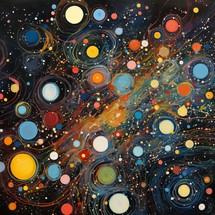 Small multi-colored circles scattered like pearls in the vastness of space, creating a mesmerizing cosmic spectacle