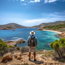 A 60-year-old American traveler stands in awe, taking in the breathtaking scenery of the picturesque island of Sardinia