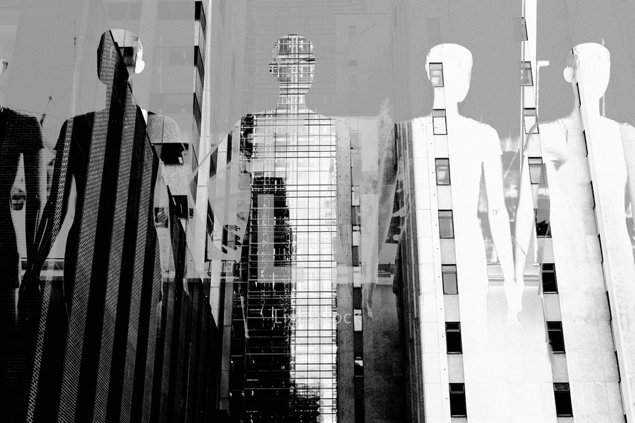 double exposure of people holding hands and city buildings - we are all in this together