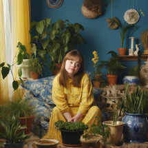 A young girl with Down syndrome wearing yellow pajamas stands in a blue room filled with vibrant green plants