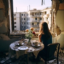 Young couple sits at a table in a destroyed building, looking at a window shattered by a rocket Beautiful table setting with flowers remains untouched