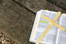 Palm Sunday cross on open bible on wooden bench 'He is Risen'.