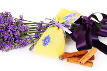 Lavender scented sachets on white background