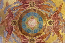 Angels around the white dove of the Holy Spirit, represented in a tile mosaic 