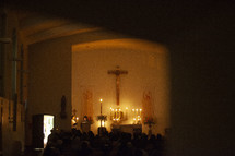 darkened church during a Worship service 