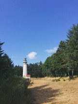 field leading to a lighthouse 