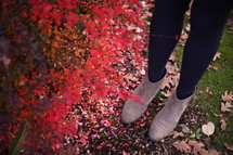 boots standing near red leaves