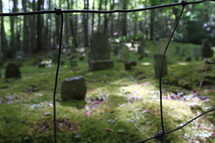 A cemetery seen through an old wire fence.