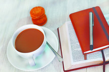 coffee, Bible, journal, pen, Bible study, lunch