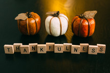 wood pumpkins and word thankfulness 