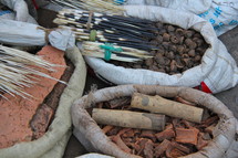 Baskets of witchcraft medicine at the home of a witch doctor