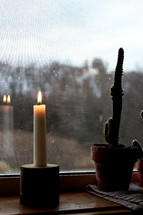candle and cactus in a window 