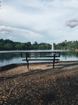 park bench near a lake 