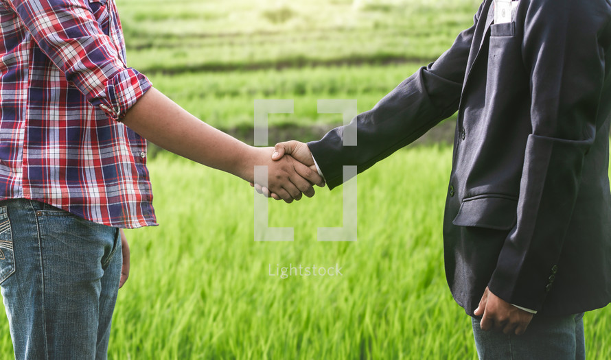 businessman and farmer shaking hands 