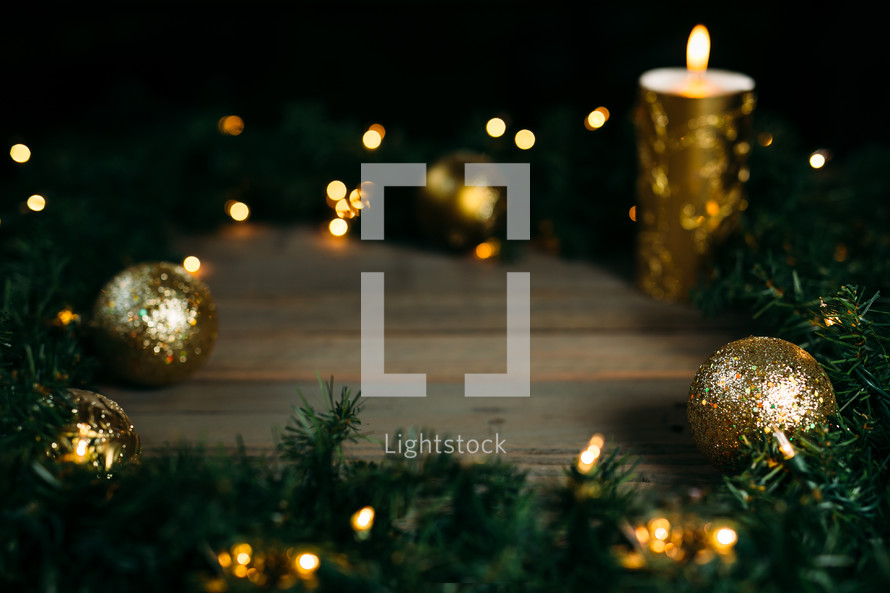 lights, candle, gold, ornaments, pine garland border 