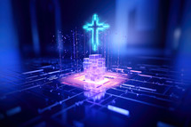 Faith in the Digital Age. Futuristic glowing cross on digital background. 3D Rendering