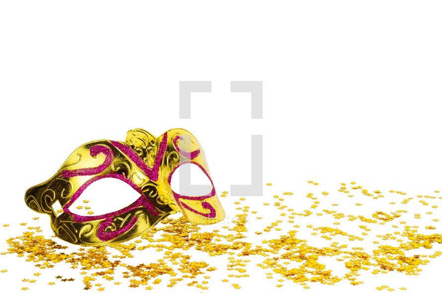 Golden Mask and Party Streamers Isolated On White background