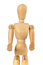 Wooden dummy that brings something with his hands forward on white background