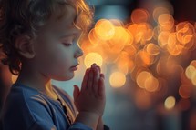 Cute little boy praying. Bokeh background.