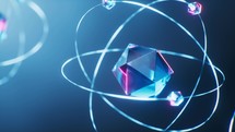 Physics atom with dark blue background, 3d rendering.
