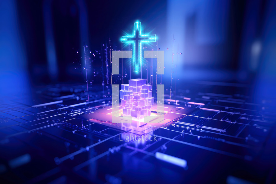 Faith in the Digital Age. Futuristic glowing cross on digital background. 3D Rendering