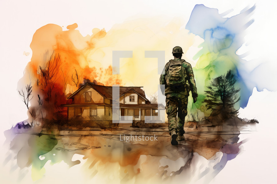 Coming Home. Soldier in front of the house. Watercolor painting, illustration