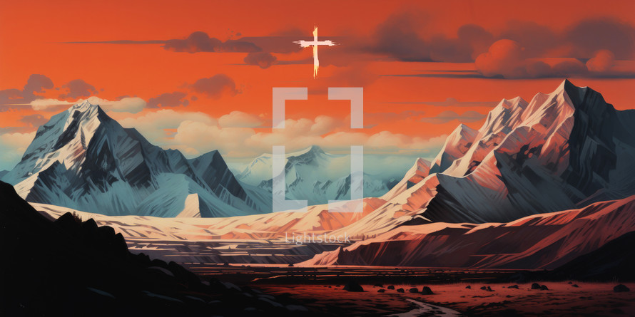 Mountain landscape with cross in the sky. 3D illustration.