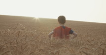 Young boy stands in a golden field during sunset - raising his hands in victory