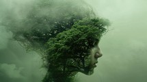 Environmental awareness. Conceptual image of a female head with green forest in the background, double exposure.
