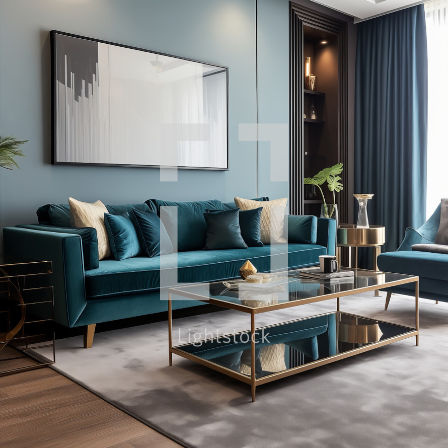 Sophisticated living space with a teal couch and golden coffee table