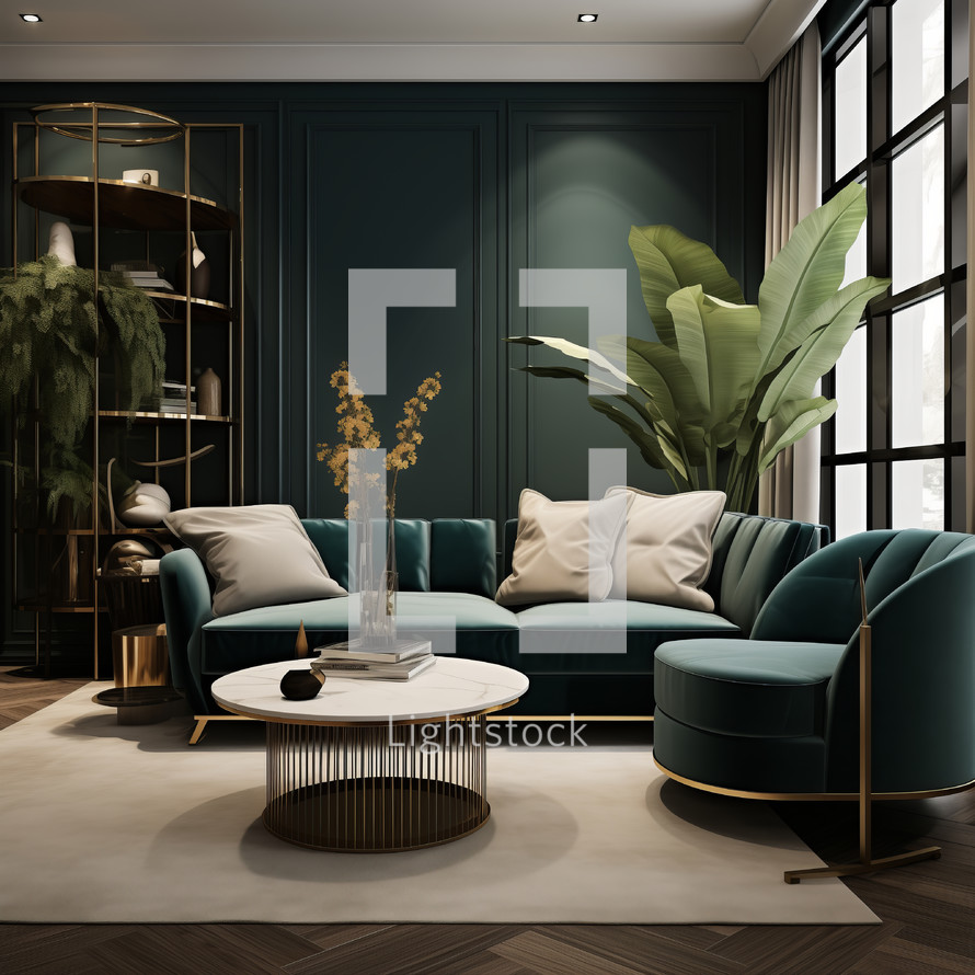 Teal sofa in a contemporary living room with elegant gold shelves