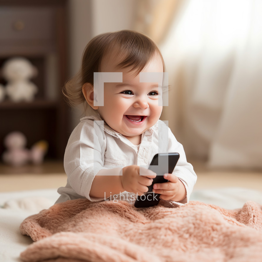 Cute baby playing with mobile phone on the floor in the room