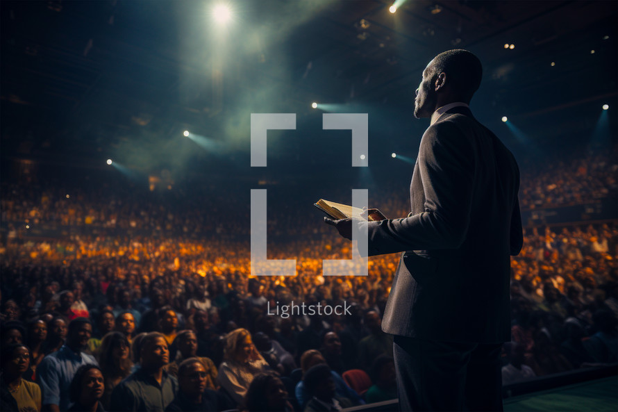 An African American man holding a bible preaching in front of a large congregation