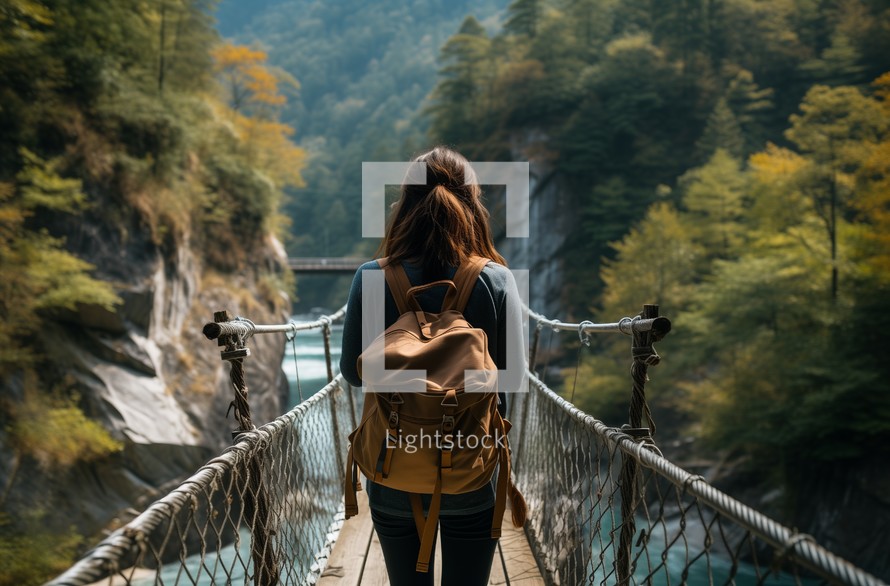 Close up of a young woman with a backpack on a suspension bridge among autumn trees