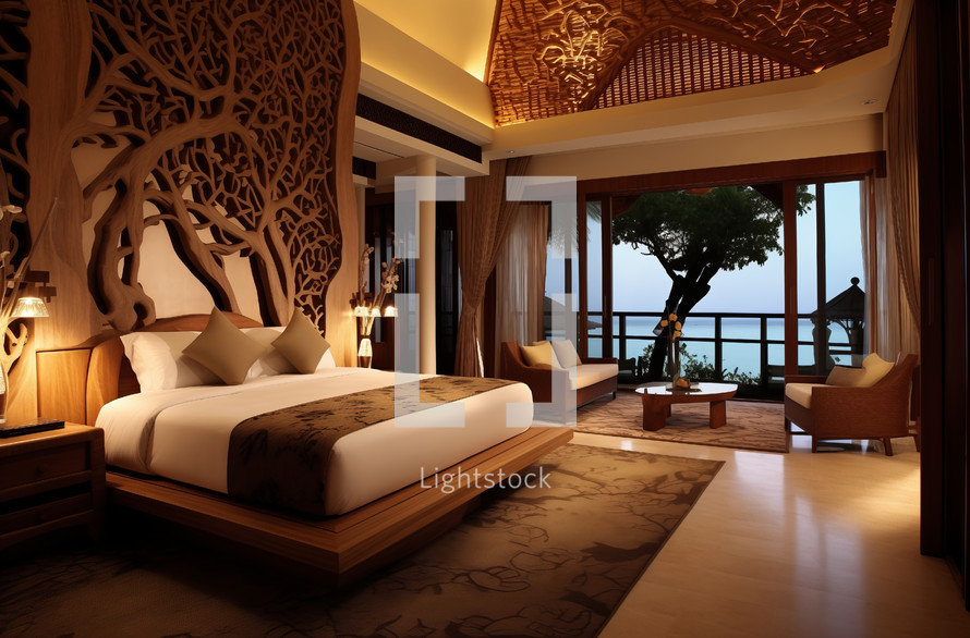 Artistically crafted hotel room with Indonesian motifs and a panoramic sea view
