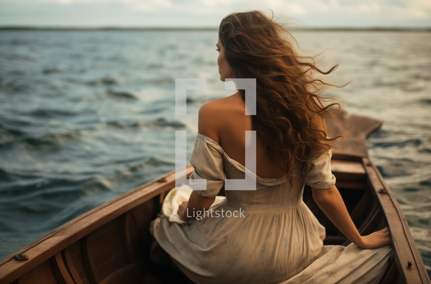 Young woman in a boat looking out to sea, wind in her hair