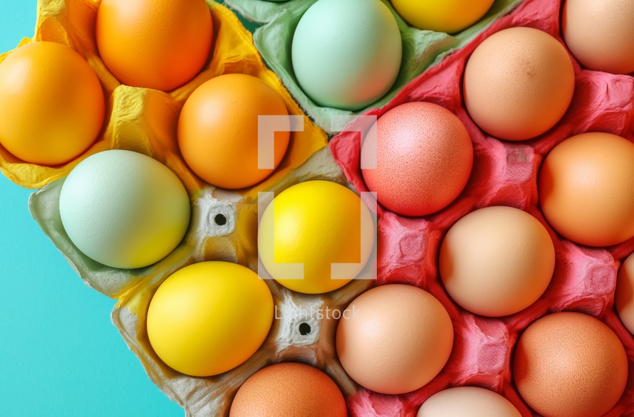 Chicken eggs in red, green, yellow, and orange paper cartons
