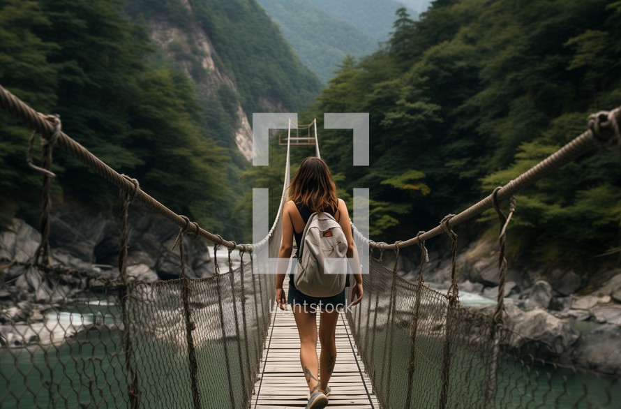 female hiker in shorts crossing a suspension bridge in a mountainous region