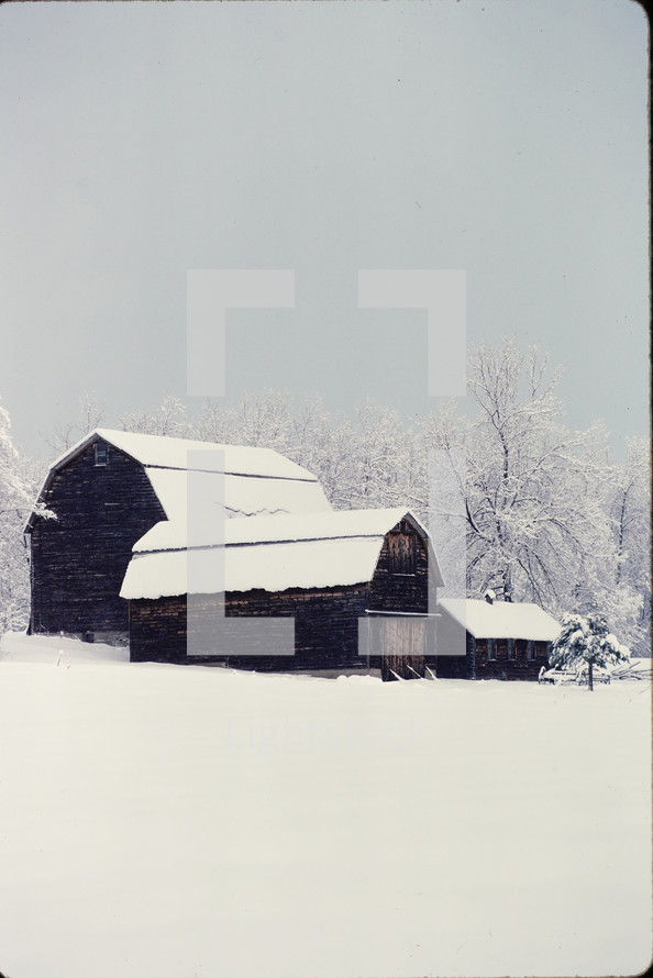 barn in winter snow 