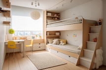 Stylish children's room with bunk bed, study area, and ample sunlight