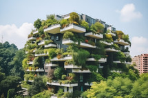 High-rise building with balconies lush with diverse plants and trees against a city backdrop