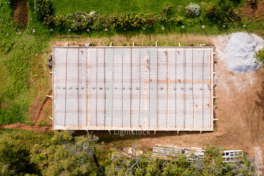 Aerial Drone Shot Of Foundations, Construction Site Platform and armature