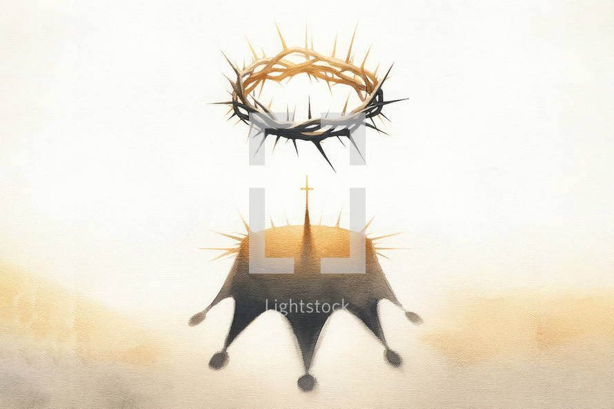 Jesus is King. Crown of thorns projecting a shadow in the shape of a King's crown. Watercolor