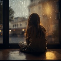 A girl sits by a window, gazing outside as warm light fills the room Rain and wind can be seen through the window