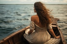 Young woman in a boat looking out to sea, wind in her hair