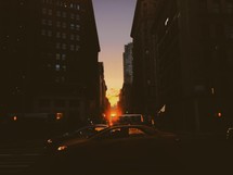 A taxi cab at sunset in New York City. 